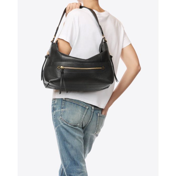 Sac Lucky Hobo Large Jérôme Dreyfuss en cuir de buffle noir brass, porté main avec l'anse courte.