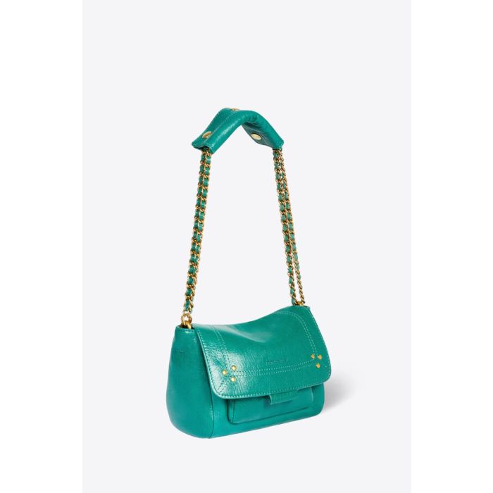 Sac Lulu S Jérôme Dreyfuss en cuir turquoise. Vue de profil bandoulière raccourcie.