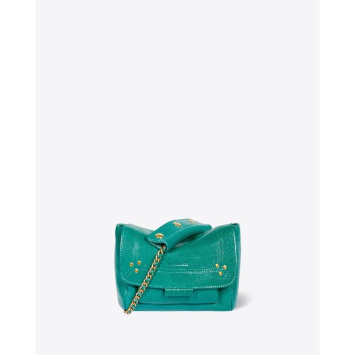 Sac Lulu S Jérôme Dreyfuss en cuir turquoise. Vue de face avec patte à pression pour raccourcir la bandoulière.
