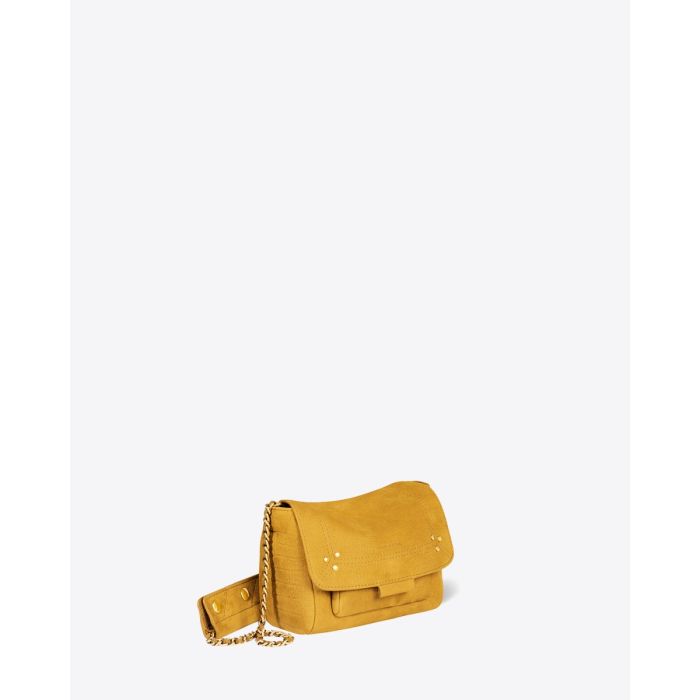 Sac Lulu S Jérôme Dreyfuss en cuir de taurillon imprimé croco moutarde. Vue de profil.
