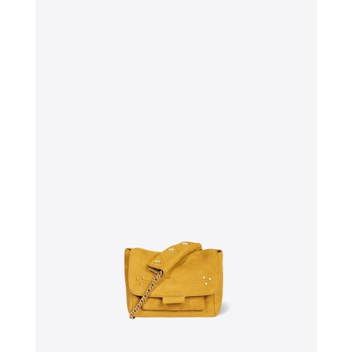 Sac Lulu S Jérôme Dreyfuss en cuir de taurillon imprimé croco moutarde. Détail de la bandoulière tressée en chaîne et en cuir. 