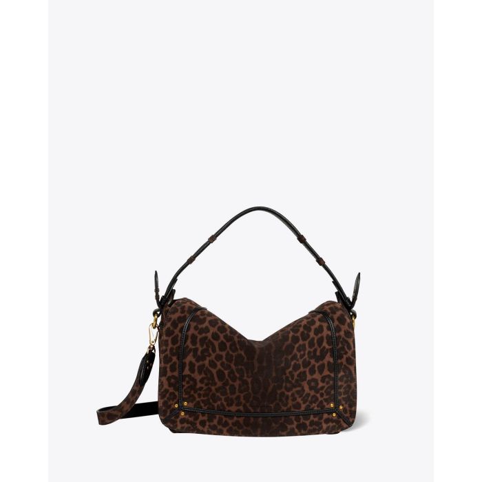 Sac moyen format Pepito M Jérôme Dreyfuss en cuir suédé imprimé léopard. Vue face.