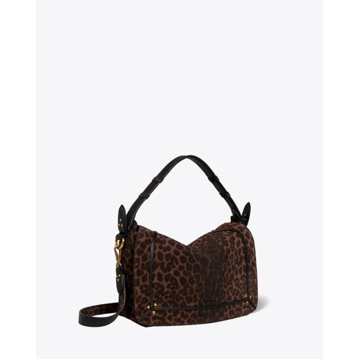 Sac moyen format Pepito M Jérôme Dreyfuss en cuir suédé imprimé léopard. Vue profil. 