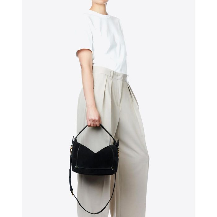 Sac besace Pepito M Jérôme Dreyfuss en cuir Suédé Noir. Vue porté main. 