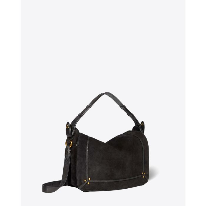 Sac besace Pepito M Jérôme Dreyfuss en cuir Suédé Noir. Vue profil avec anse. 