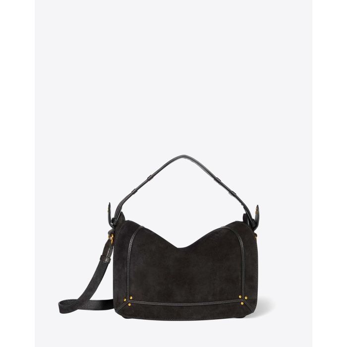 Sac besace Pepito M Jérôme Dreyfuss en cuir Suédé Noir. Vue face avec anse. 