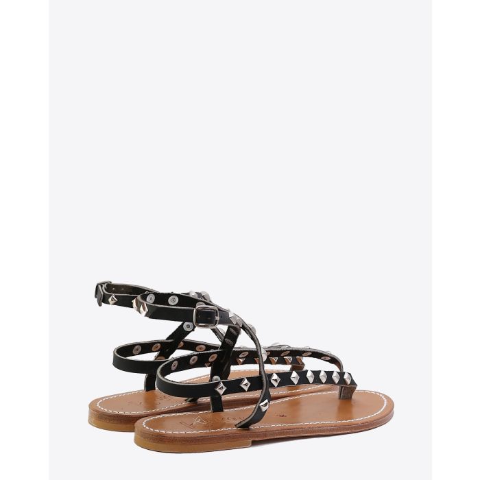 Sandales plates Deltapyr en cuir noir avec clous K.Jacques. Dos.