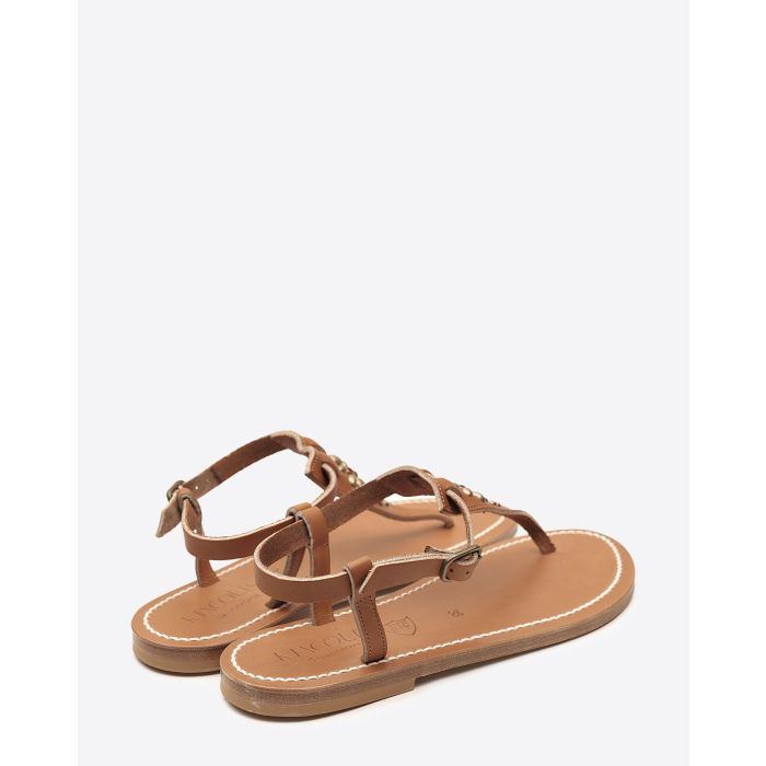 Sandales Coriolan K.Jacques x HTC en cuir noir, ornées de clous métalliques argentés et de pierres colorées formant une fleur, fabrication artisanale française. Vue de dos.