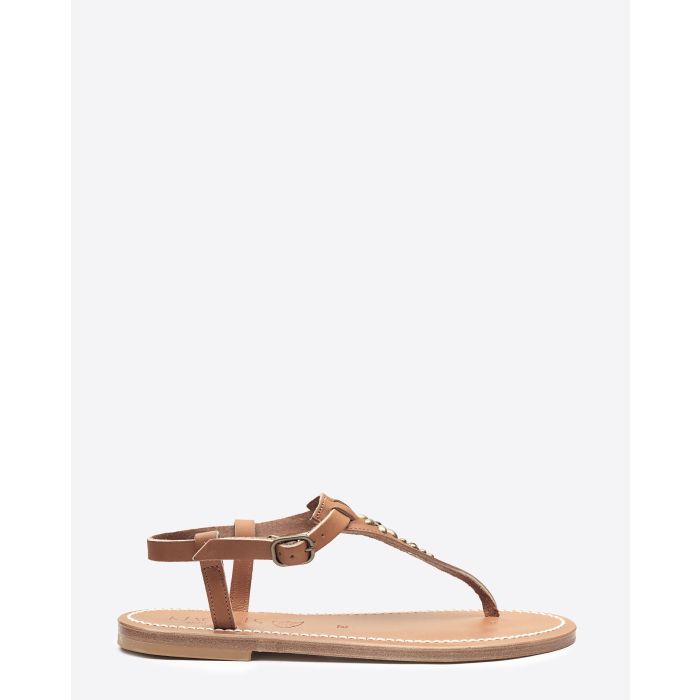 Sandales Coriolan K.Jacques x HTC en cuir noir, ornées de clous métalliques argentés et de pierres colorées formant une fleur, fabrication artisanale française. Vue de profil.