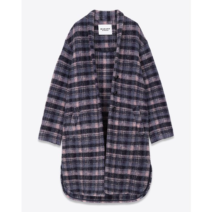 Manteau long Gabriel Isabel Marant Etoile à carreaux coloris lila. Vue face ouvert. 