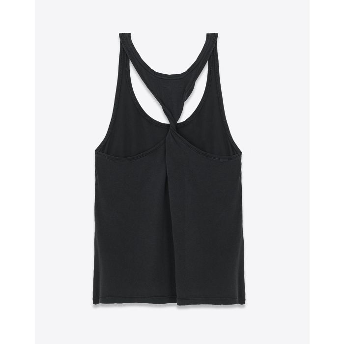 Débardeur emmanchure américaine torsade dans le dos en jersey de coton noir Mikuta. Dos.