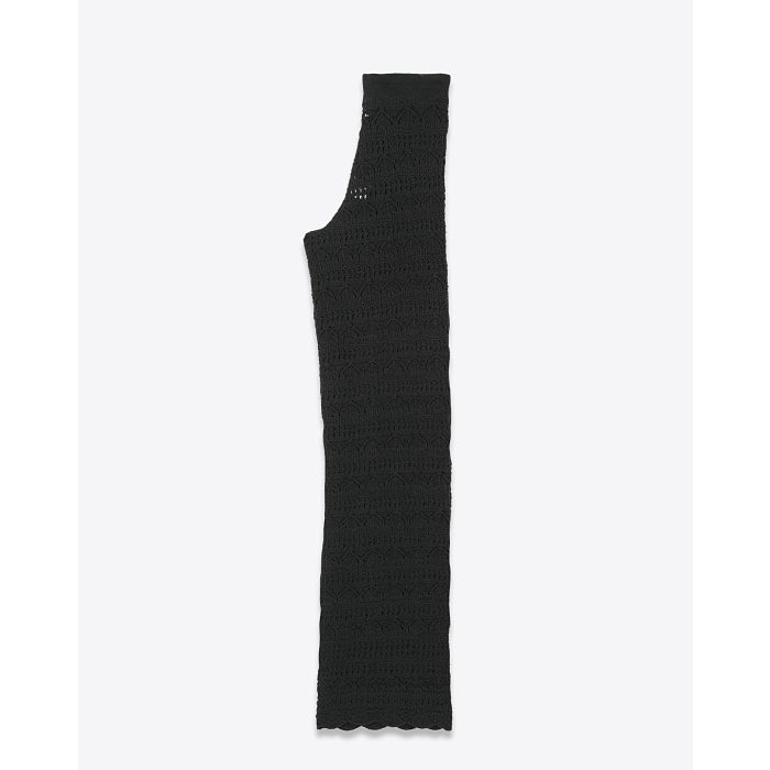 Pantalon en crochet noir en lin et coton Mikuta. Profil.