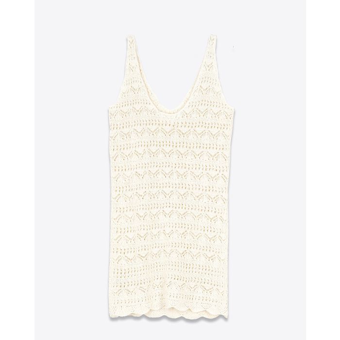 Mini-robe débardeur en crochet en lin et coton écru Mikuta. Dos.