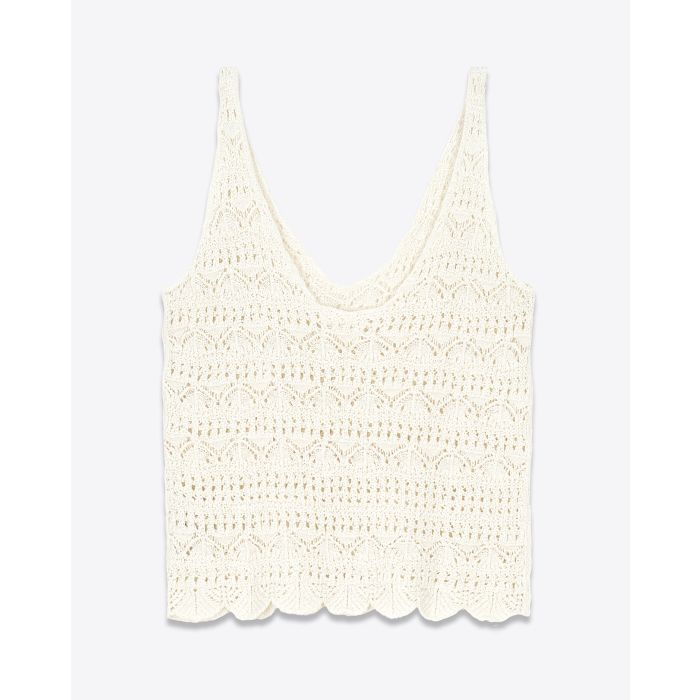 Top débardeur en crochet écru en lin et coton Mikuta. Dos.