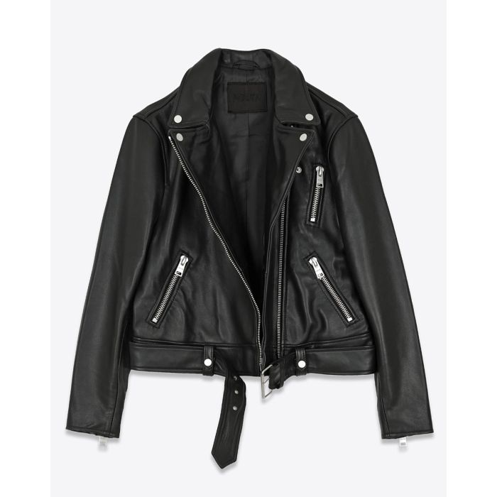 Veste Perfecto Mikuta en cuir noir. Vue de face, Perfecto ouvert.