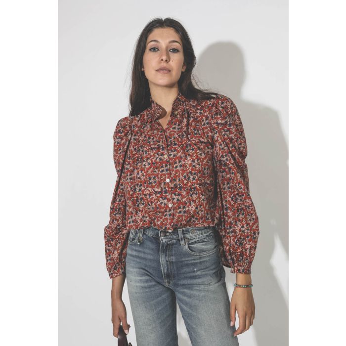 Chemise manches longues en voile de coton marron imprimé Annabel Alix of Bohemia. 