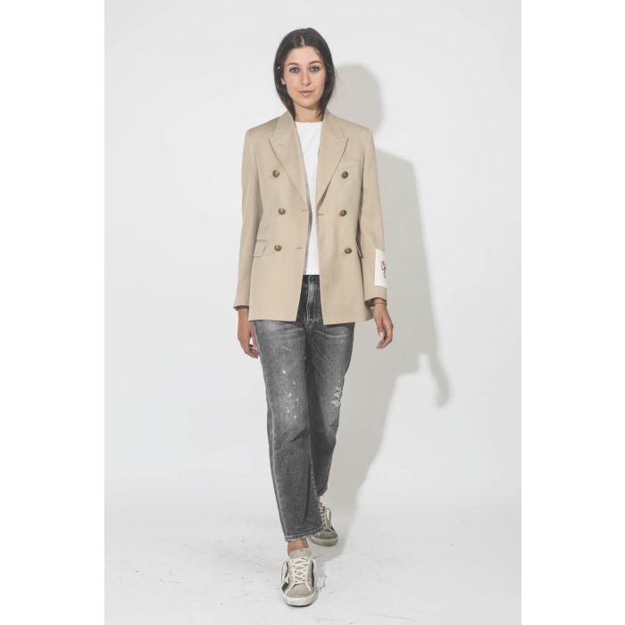 Veste double boutonnage en laine froide beige clair Golden Goose. Porté de face.