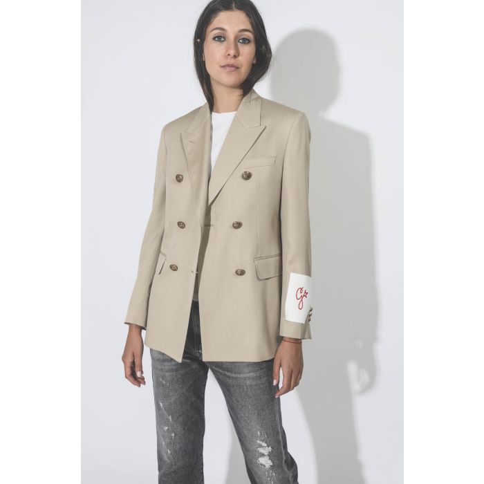 Veste double boutonnage en laine froide beige clair Golden Goose. Détail du col.