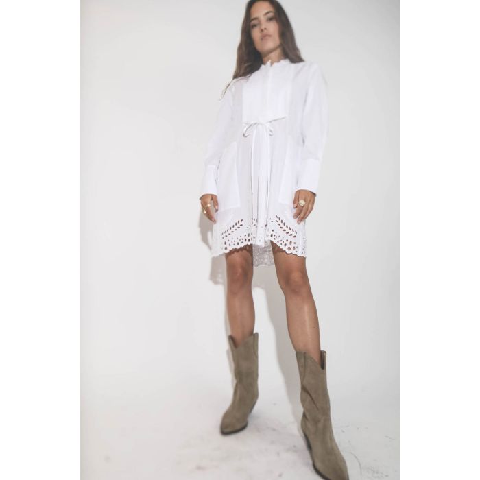 Robe manches longues au dessus du genou en popeline de coton blanc brodé Rehanna Marant Etoile. Porté.