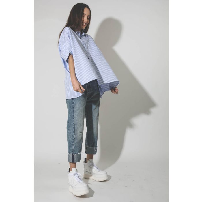 Oversized Boxy Button Up Shirt - Light Blue Wide
