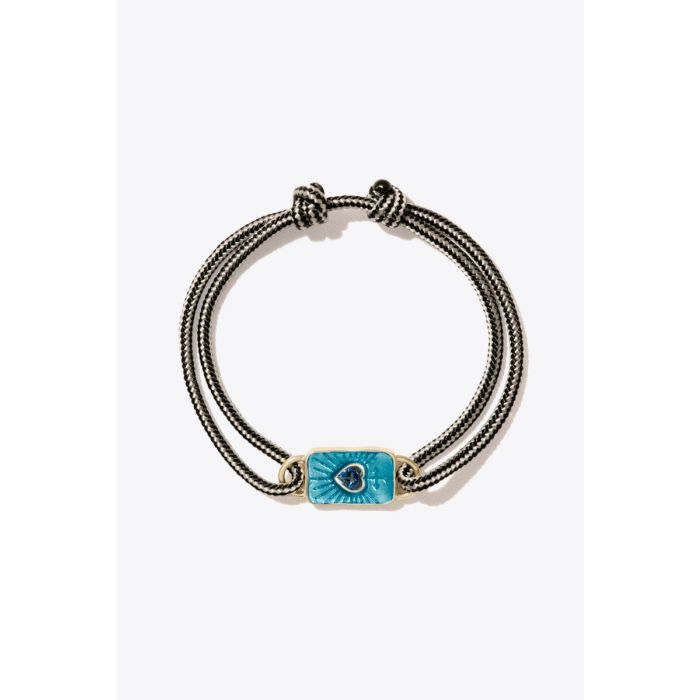 Bracelet Deva Pascale Monvoisin en or jaune, topaze bleu foncé, résine sur cordon bicolore ajustable.