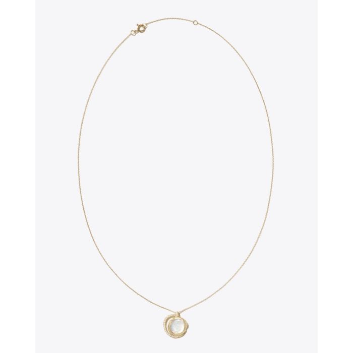 Collier Gaïa N°3 Pascale Monvoisin en or jaune et pierre de lune sur chaine, vu de face. Détail du fermoir ajustable.