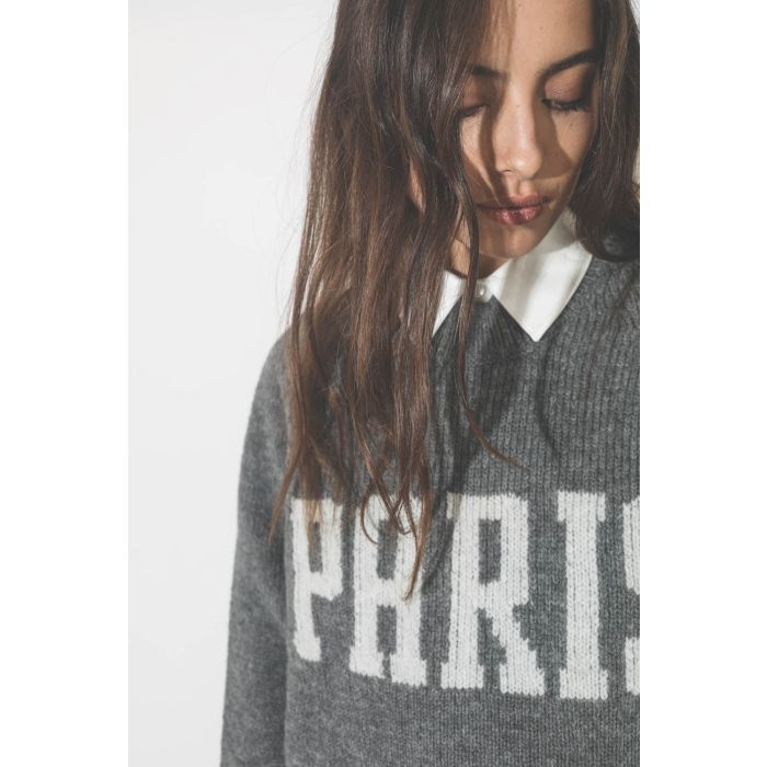 Pull col rond gris logo Paris en laine et cachemire Kendrick University Paris Anine Bing. 