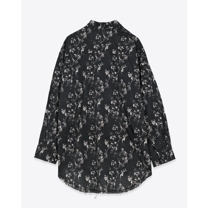 Chemise oversize à jabots R13 en voile de coton noir imprimé floral. Vue de dos.