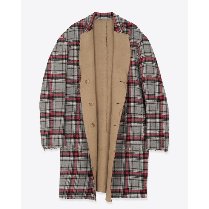 Manteau oversize réversible Raw Cut R13. Plaid Italien double face. Vue de face ouvert côté carreaux.