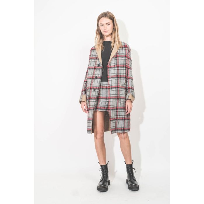 Manteau oversize réversible Raw Cut R13. Plaid Italien double face. Porté de face ouvert.