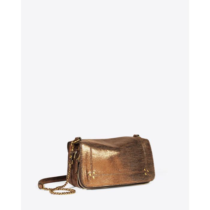 Sac rectangulaire bandoulière chaine et cuir en cuir chèvre lamé bronze Bobi Jérôme Dreyfuss. Profil. 