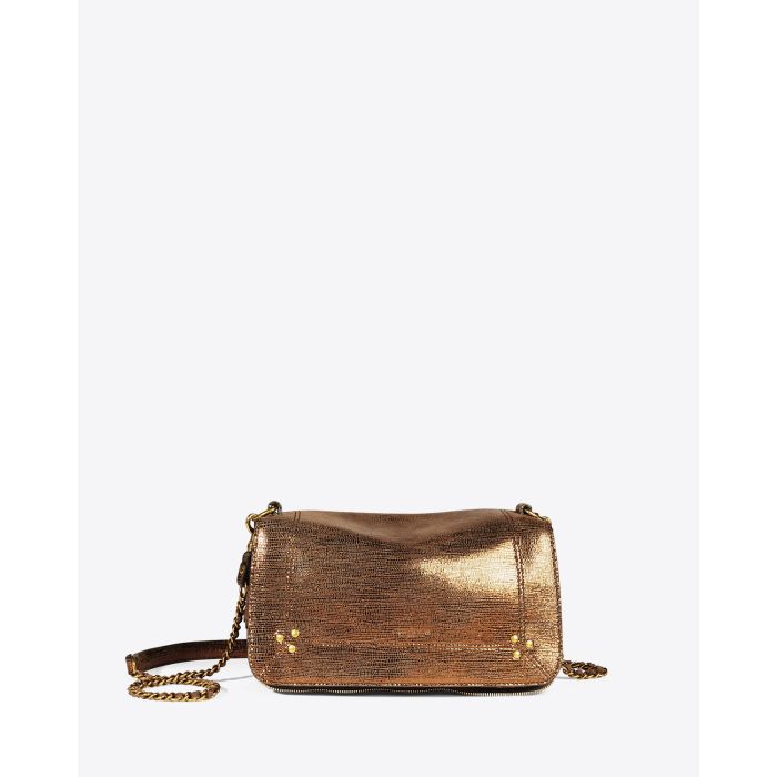 Sac rectangulaire bandoulière chaine et cuir en cuir chèvre lamé bronze Bobi Jérôme Dreyfuss. Face. 