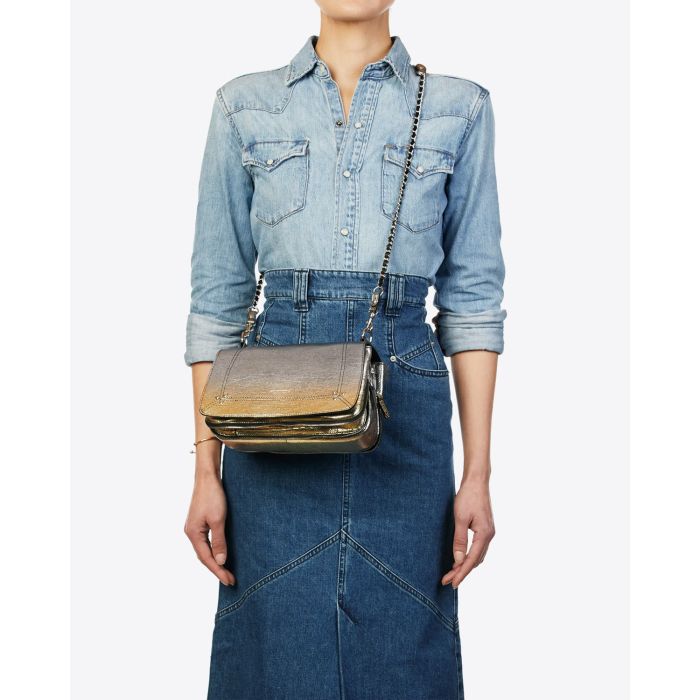 Sac bandoulière Bobi Jérôme Dreyfuss en cuir de chèvre lamé dégradé or. Porté Crossover.
