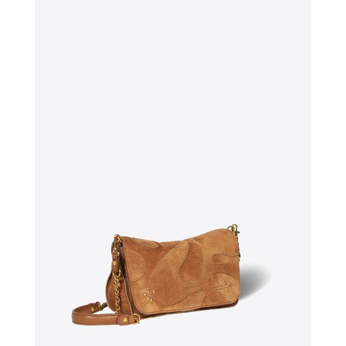 Sac bandoulière en cuir suédé tabac application en cuir suédé ton sur ton Bobi S Jérôme Dreyfuss. Capsule Japan. Vue de profil.