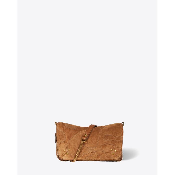 Sac bandoulière en cuir suédé tabac application en cuir suédé ton sur ton Bobi S Jérôme Dreyfuss. Capsule Japan. 