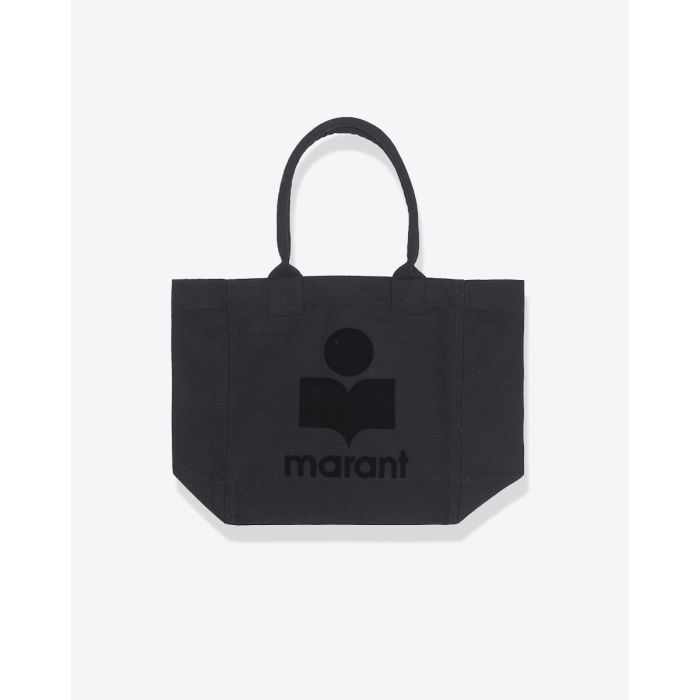Petit cabas Yenky Isabel Marant Étoile en toile noire, logo en velours noir. Vue de face.