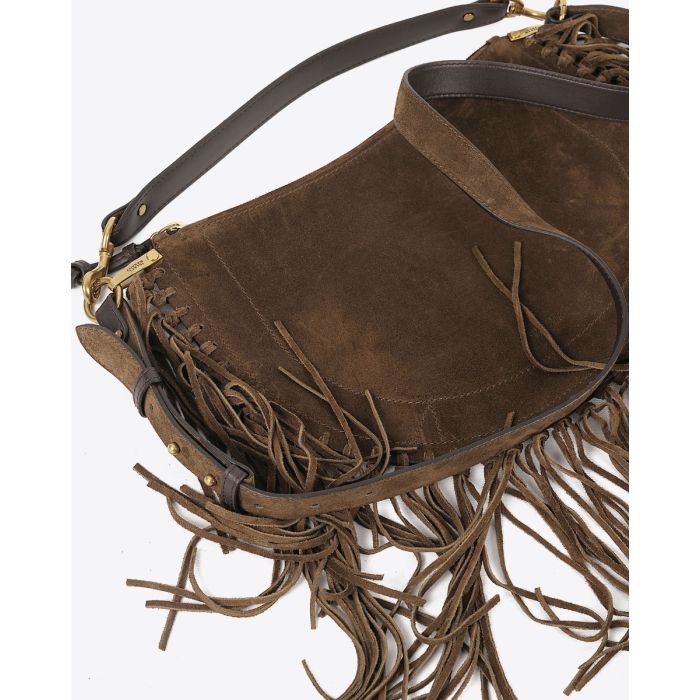 Sac Oskan Soft Zip à franges Isabel Marant en cuir suédé bronze. Porté main et épaule ou bandoulière longue pour un porté épaule ou croisé. Détail du cuir suédé bronze.