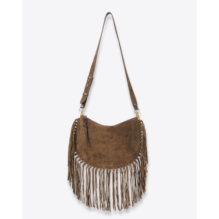 Sac Oskan Soft Zip à franges Isabel Marant en cuir suédé bronze. Porté main et épaule ou bandoulière longue pour un porté épaule ou croisé. Détail de la bandoulière longue.