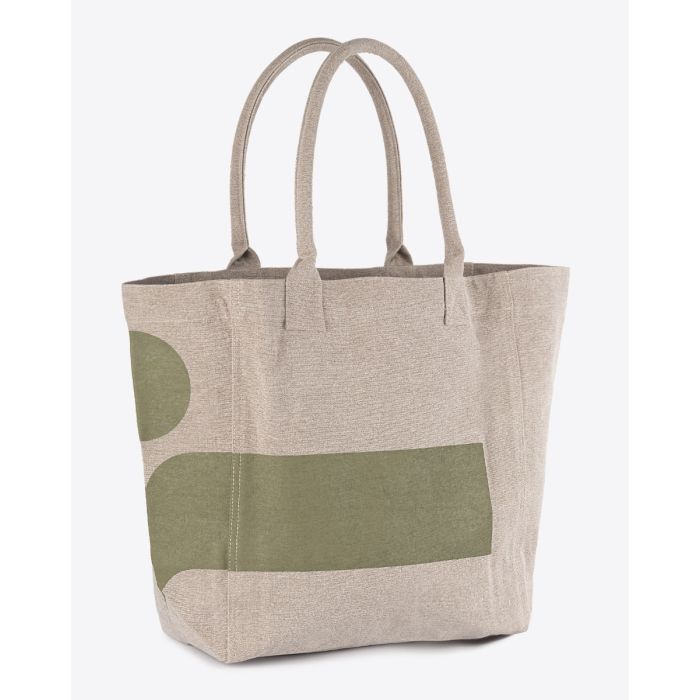 Cabas Yenky Isabel Marant en coton écoresponsable, beige, logo kaki. Vue de profil.