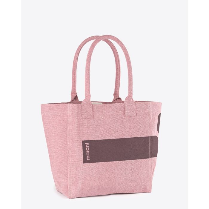 Cabas Yenky Small Isabel Marant en coton écoresponsable, rose, logo bordeaux. Vue de profil. Détail logo Marant.