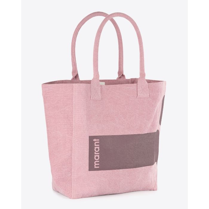 Cabas Yenky Isabel Marant en coton écoresponsable, rose, logo bordeaux. Vue de profil. Détail du logo Marant.