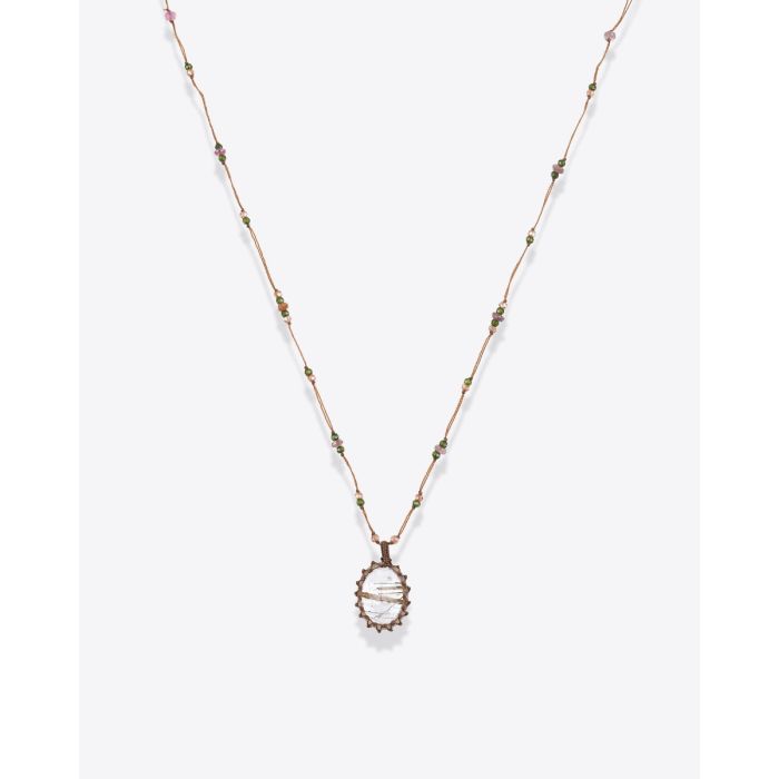Collier court tibétain Sharing en Quartz Rutile Or sur lien beige parsemé de pierres semi-précieuses, vu de face. Pièce unique.