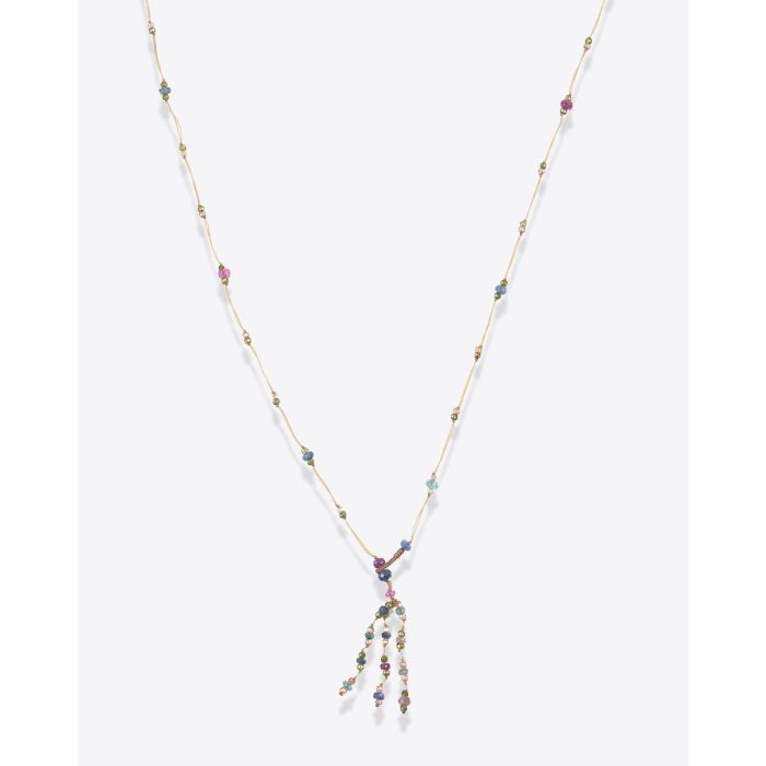 Collier long Sharing Holy en pierres semi-précieuses facettées avec pompon, vu de face.