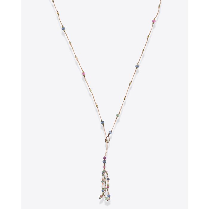 Collier long Holy Sharing pierres semi-précieuses sur fil tabac et pompon, vu de face.