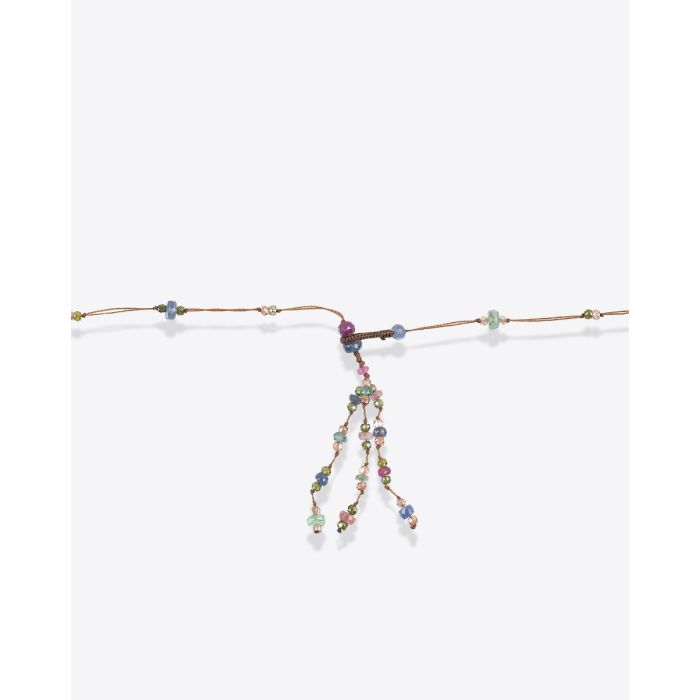 Collier long Holy Sharing pierres semi-précieuses sur fil tabac et pompon. Détail du fermoir.