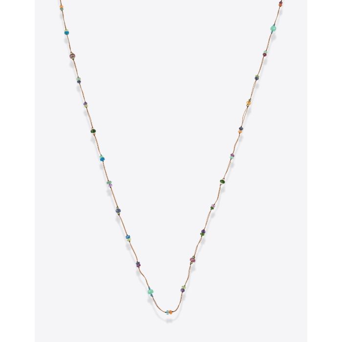 Collier long Laly Fairy Sharing sur fil tabac parsemé de pierres semi-précieuses à porter en ras-de-cou doublé ou bracelet multi-tours, vu de face.