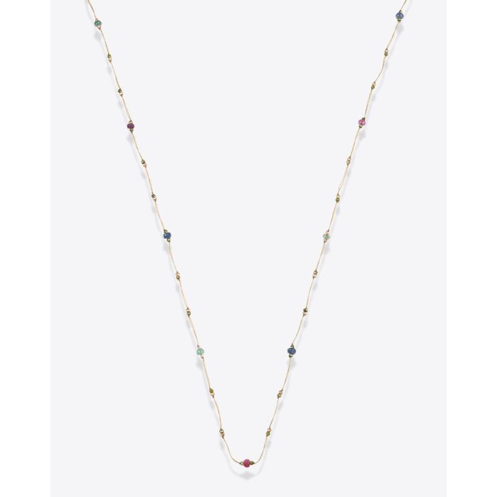 Collier long Laly Precious Sharing sur fil beige parsemé de pierres semi-précieuses. A porter long ou en ras-de-cou doublé et en bracelet multi-tours, vu de face.