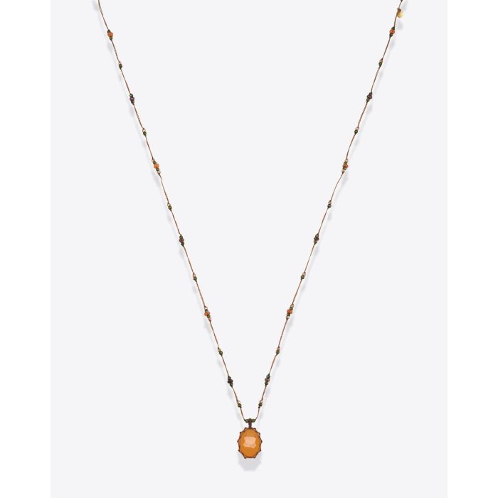 Collier long Tibétain Sharing Onyx orange sur fil tabac et pierres semi-précieuses. Pièce unique.