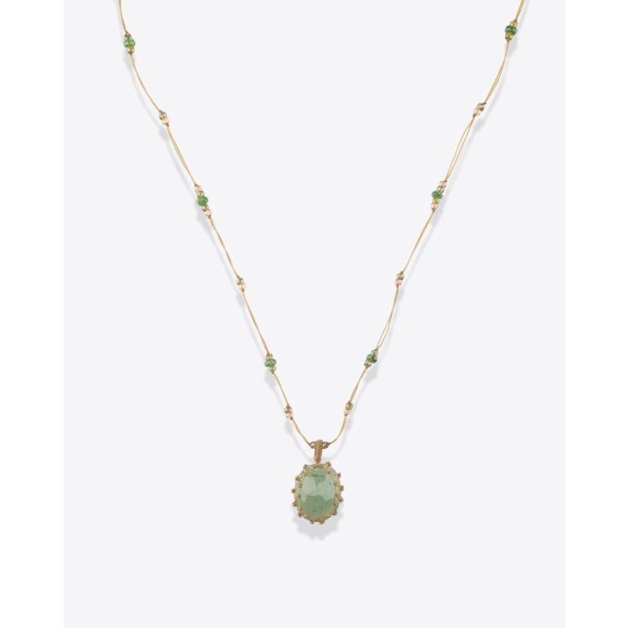 Sharing Collier Court Tibétain Sur Cordon Beige Doré - Strawberry Quartz Vert  
