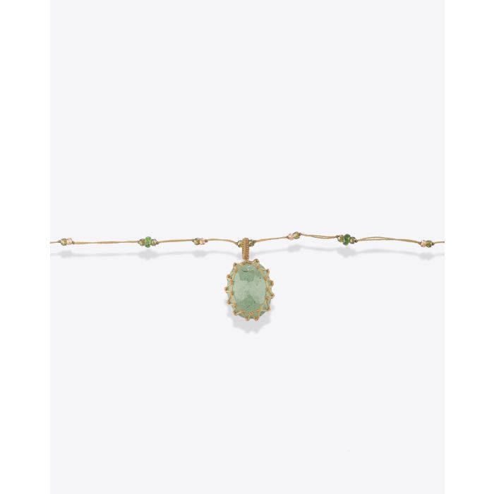 Sharing Collier Court Tibétain Sur Cordon Beige Doré - Strawberry Quartz Vert  